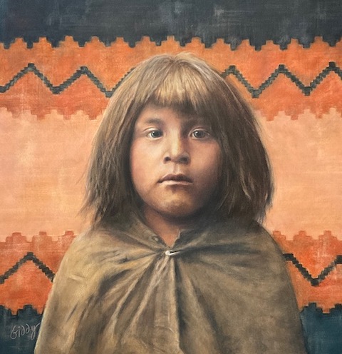 portrait of a young Native American boy in color pencil