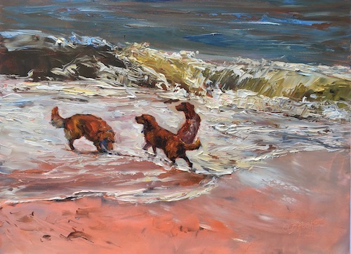 plein air painting of dogs playing on a beach