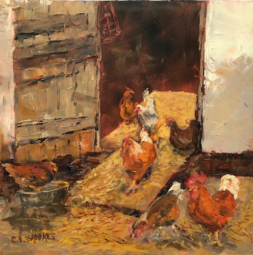 oil painting of chickens and a coop