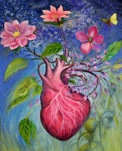 mixed media painting of a human heart and flowers