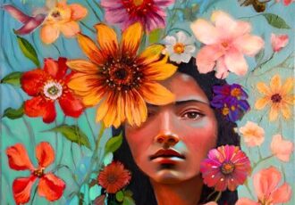 painting of a young indigenous woman and flowers