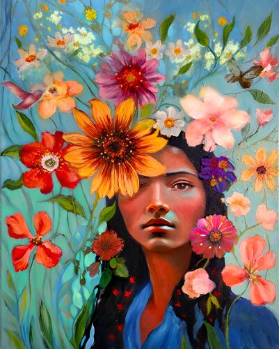 painting of a young indigenous woman and flowers