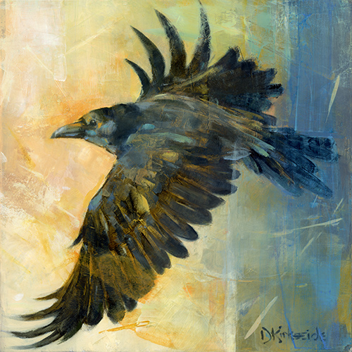 oil painting of a blackbird in flight