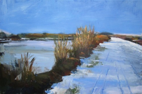 landscape painting in acrylic of a snowy road