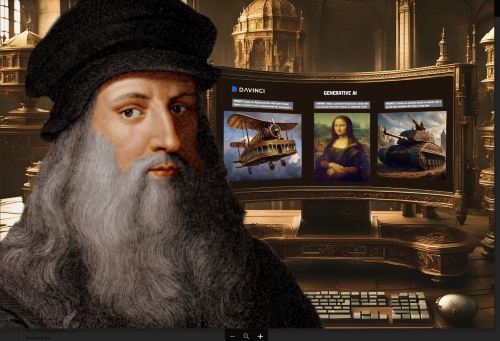 Humorous art imaging DaVinci as the originator of AI