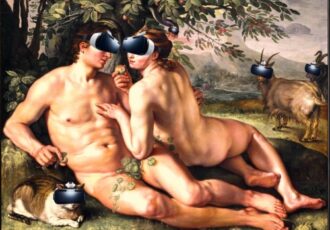 humorous digital art Adam and Eve with VR headsets