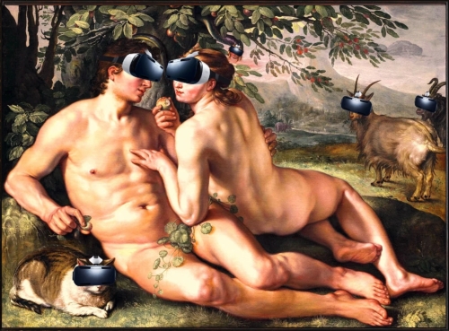 humorous digital art Adam and Eve with VR headsets