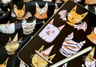 whimsical Halloween illustration with cats