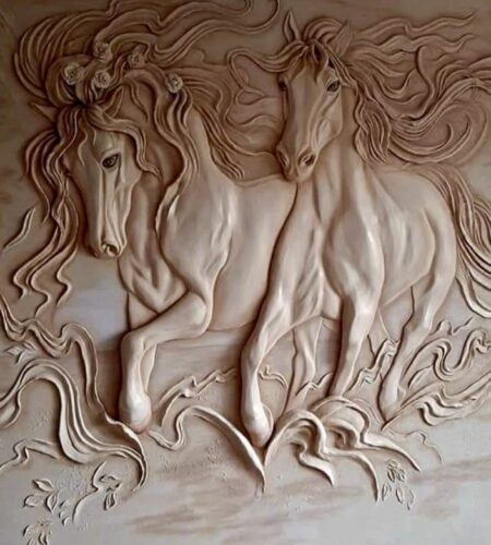 sculptured horses in 3D mural