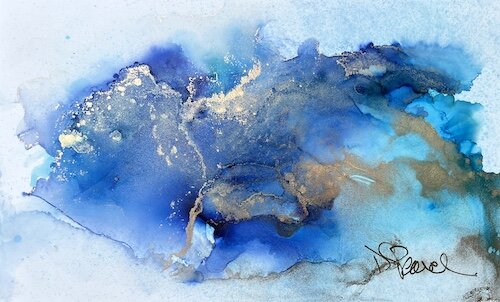 boldly colorful abstract alcohol ink painting in blues