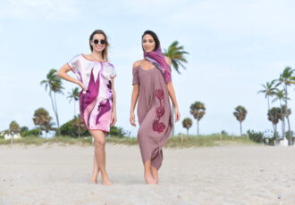 two women modeling hand printed bespoke art clothing