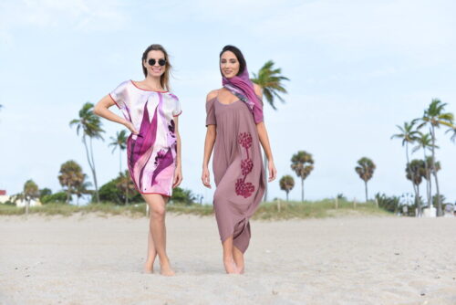 two women modeling hand printed bespoke art clothing