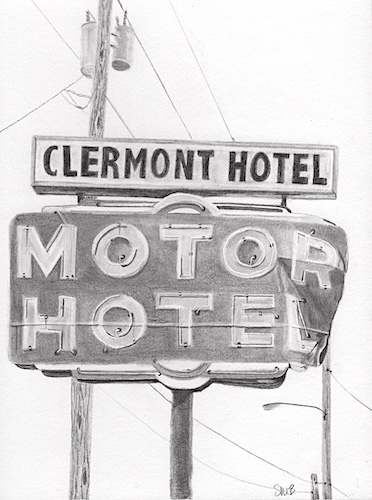 graphite drawing of a road sign for a motel