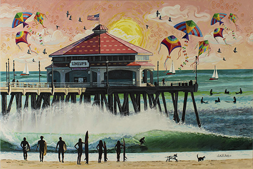 folk art painting of kites at the beach