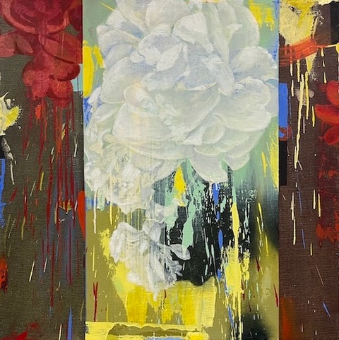 semi abstract painting with white floral element