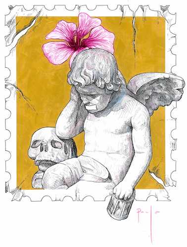 stamp format artwork of a cherub and skull