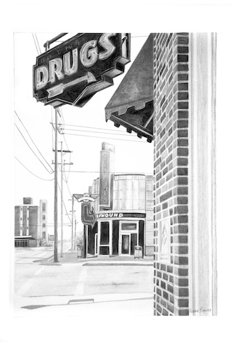 pencil drawing of a corner with drugstore sign