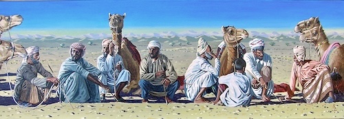 Painting of camels ready to race