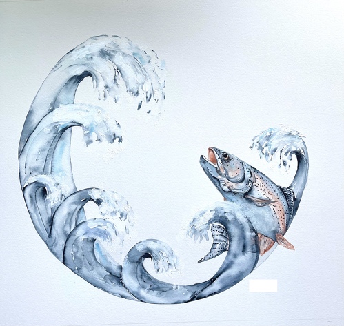 watercolor painting of a fish in a wave