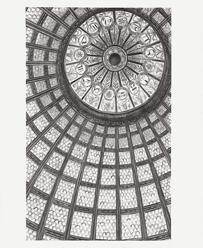 intricate pencil drawing of a dome window