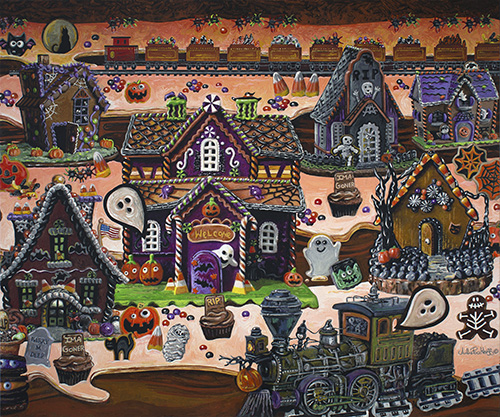 folk art painting of a town decked out for Halloween