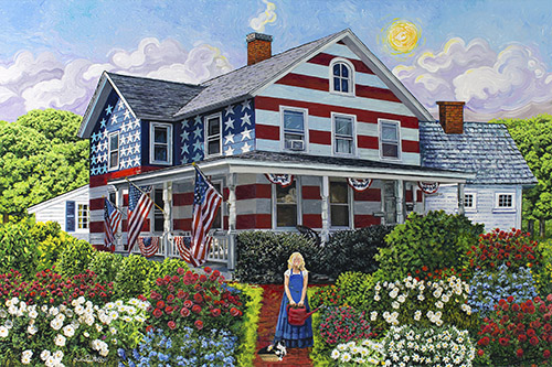 folk art painting of a red, white and blue flag house 