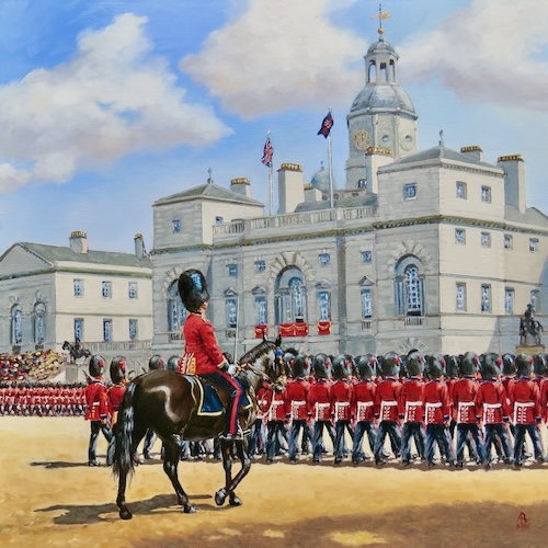 oil painting of the Irish Guards marching