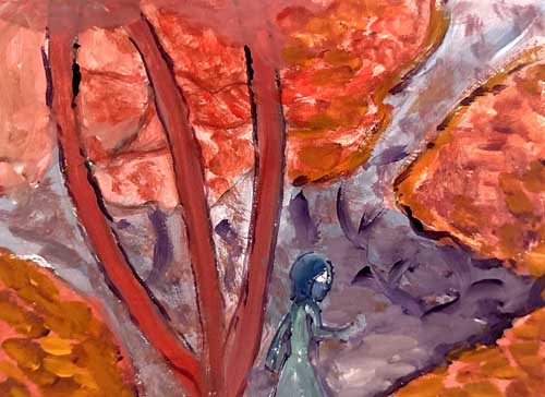 semi-abstract painting of a woman walking