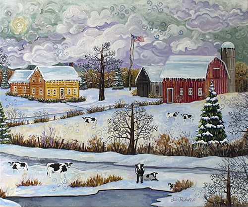 Folk art country snow scene