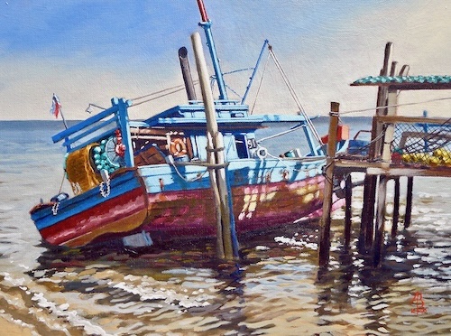 painting of a boat at dock in Penang