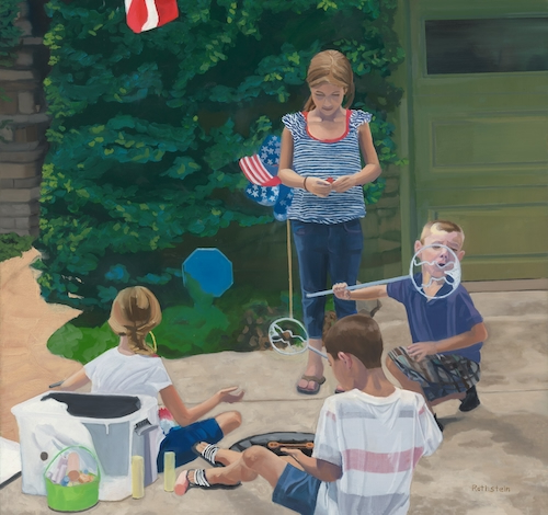 painting of children playing with bubbles