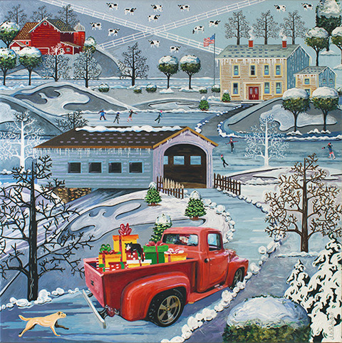 folk art painting of a town at Christmas