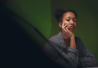 A photo of a pensive woman