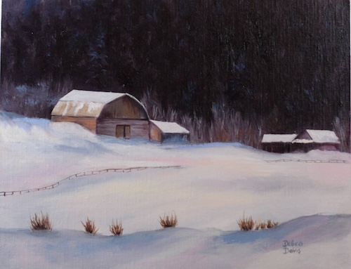 oil painting of a barn in the snow