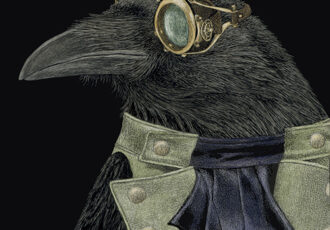 whimsical scratchboard portrait of a steampunk crow