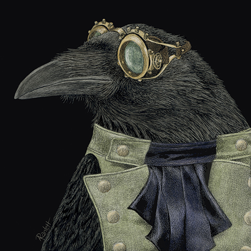 whimsical scratchboard portrait of a steampunk crow