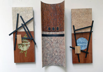 abstract wood and mixed media wall sculpture