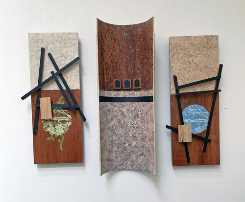 abstract wood and mixed media wall sculpture