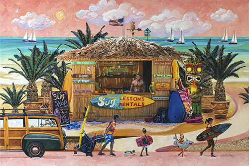 folk art painting of a surf shop at the beach