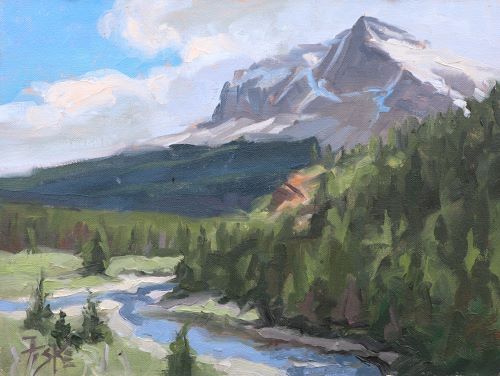 plein air oil painting of a mountain and stream