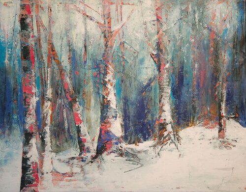 abstracted mixed media winter landscape painting