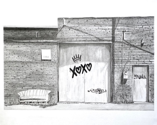 pencil drawing of an abandoned building with graffiti