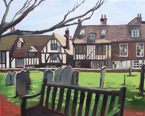 painting of a park bench in a neighborhood