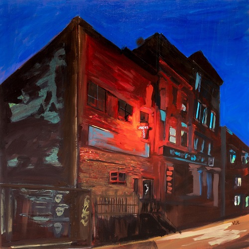 acrylic painting of a night urban scene with building