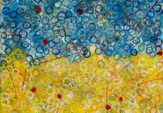 abstract encaustic art in blue and yellow