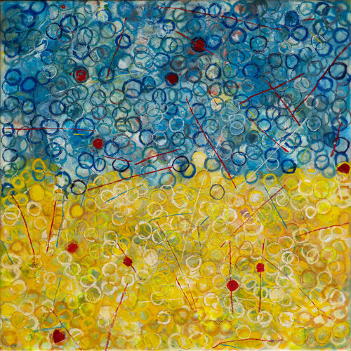 abstract encaustic art in blue and yellow