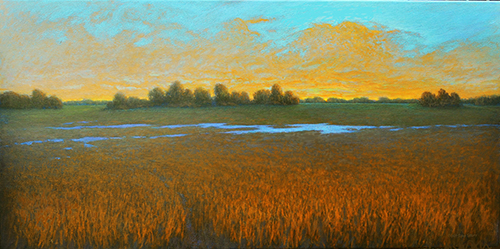 dramatic landscape painting sunset over wetlands