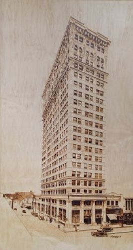 pyrography image of a building