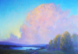 softly colored acrylic painting of a landscape and sky