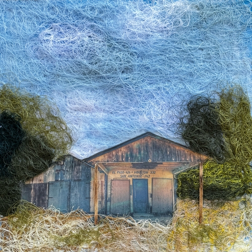 Texas landscape with a house, created in embroidery